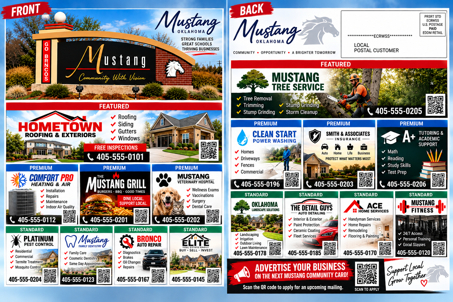 Sample Mustang Community Card showing front and back with 16 local business ads